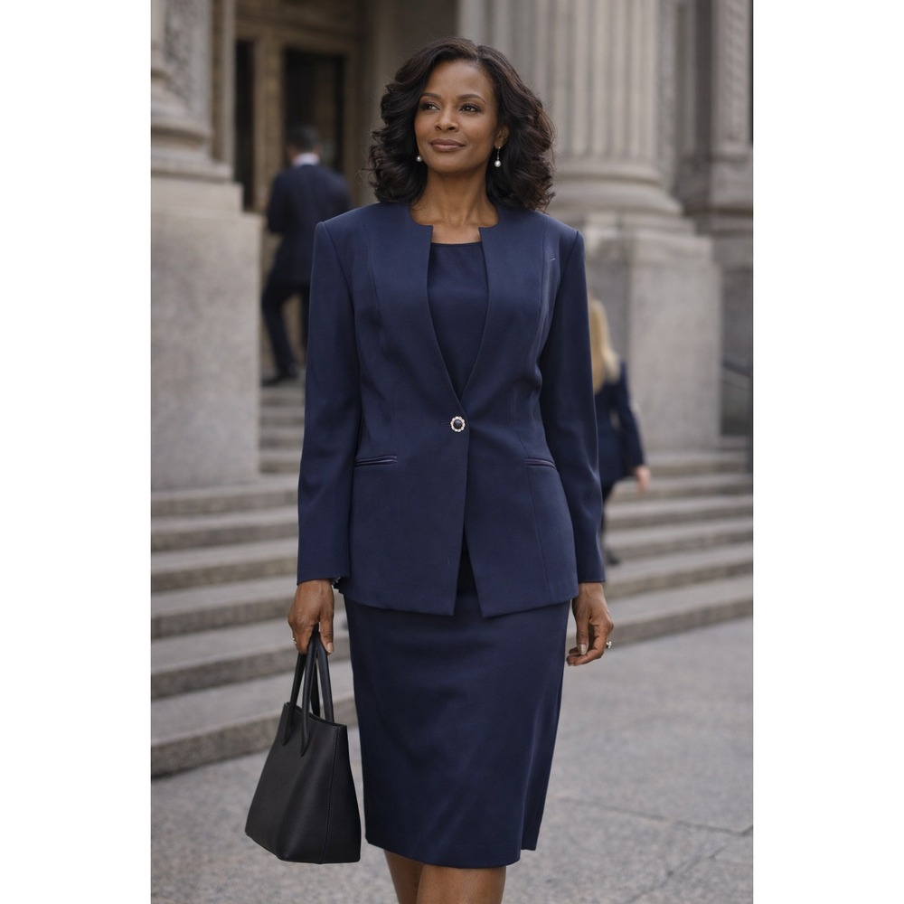 Lynda's NY Women's 3-Piece Navy Suit‎ Set | Blazer Skirt Dress | Office Church